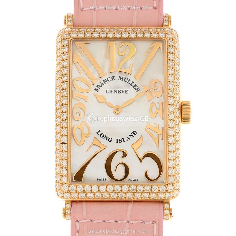 Franck Muller 1002 QZ REL MOP D LONG ISLAND - Quartz - 18kt Rose Gold Case - White Dial on Pink Alligator Strap - Luxury Replica LONG ISLAND Watch